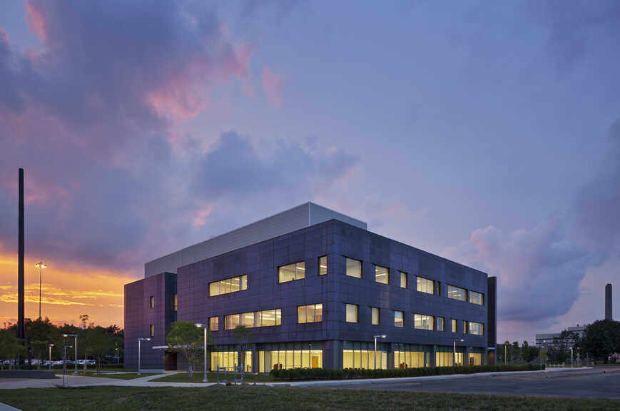 Nassau Community College Life Sciences Building - Exterior photo of Corner at Night